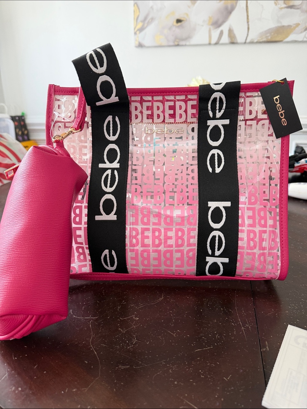 bebe Pink Clear Logo Tote with Removable Pink Pouch
